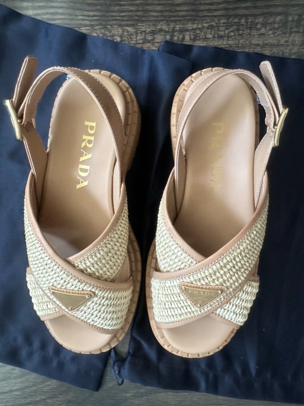 Prada Cream and Tan Raffia Platform Sandals - new in box - Picture 7 of 15
